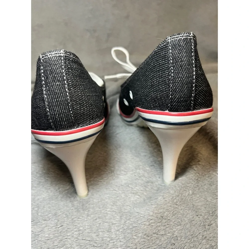 RLXZJ Black Denim Canvas Sneaker Stiletto Heels Lace Up Pumps Size 39 Y2K Sporty